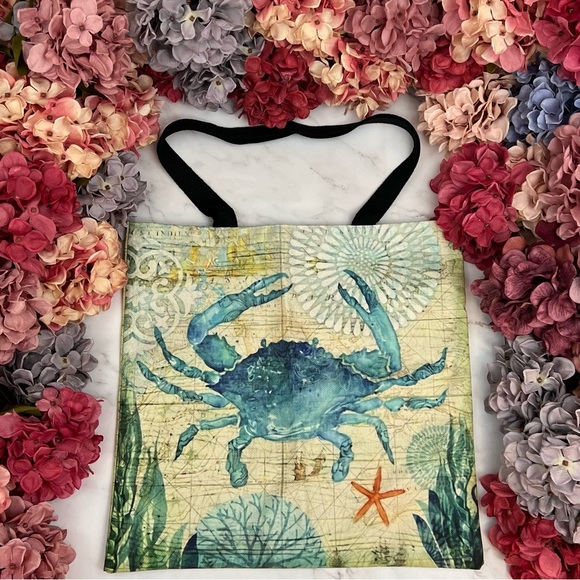 Eco-Friendly Nautical Blue Crab Folding Tote Bag - Picture 2 of 15